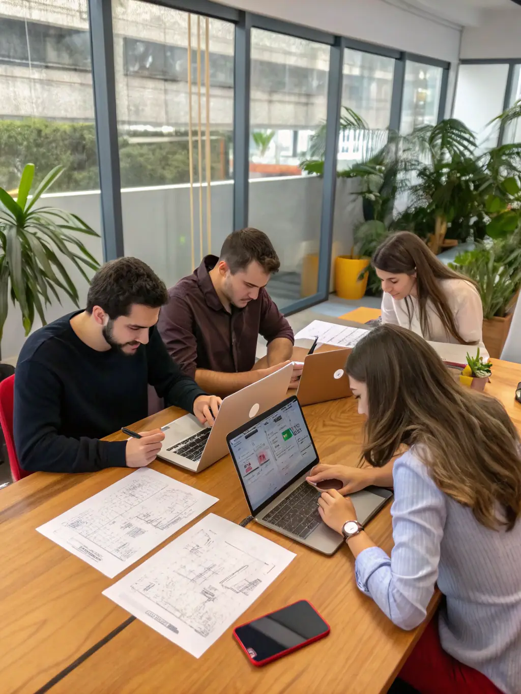 A team of Buckler Engineering consultants collaborating on a project blueprint in a modern office setting, emphasizing teamwork and expertise.