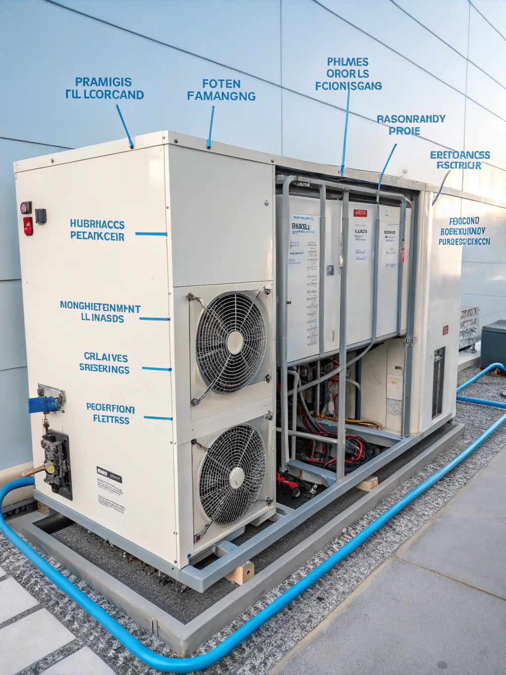A detailed technical drawing of a modern HVAC system, highlighting energy-efficient components and integration within a building's infrastructure.
