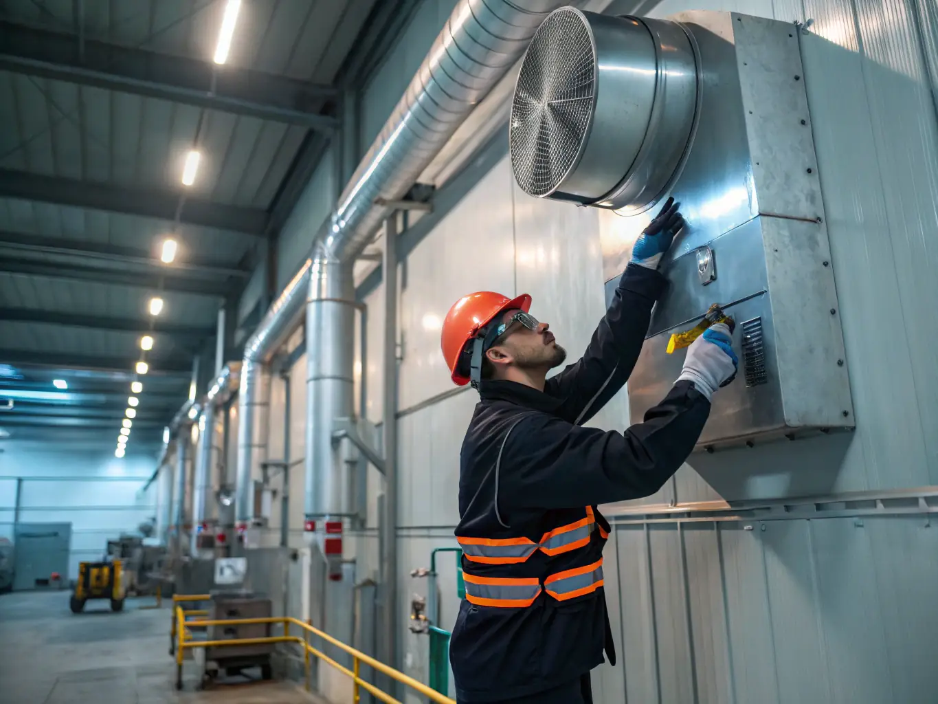A mechanical engineer inspecting HVAC systems in a commercial building, with a focus on energy efficiency and operational reliability.