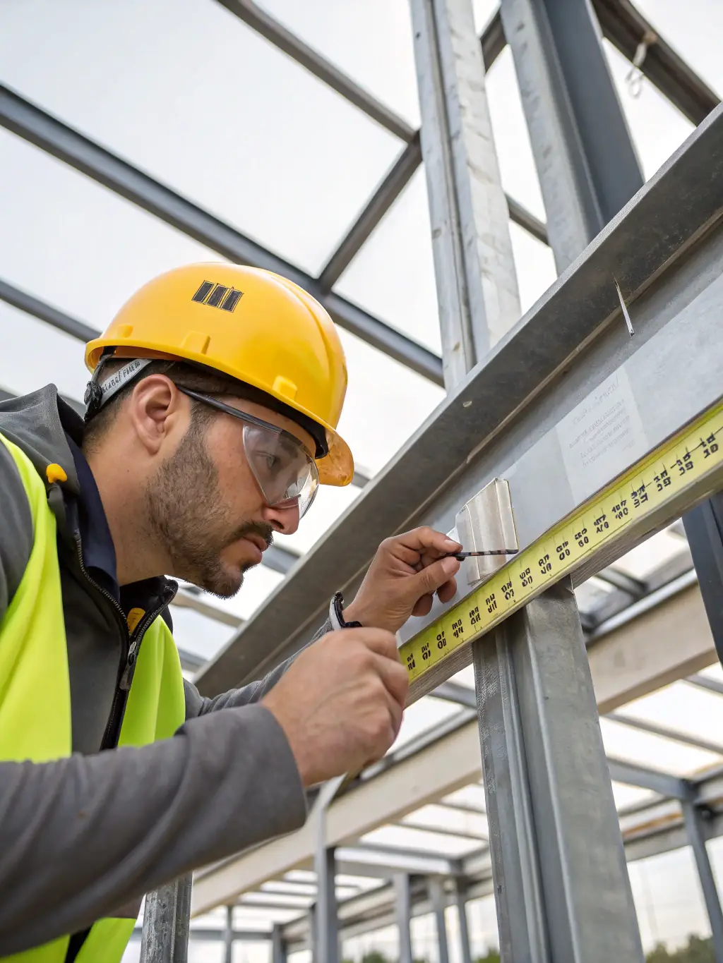 A close-up image of a structural engineer inspecting a steel beam connection on a construction site, ensuring quality and safety.