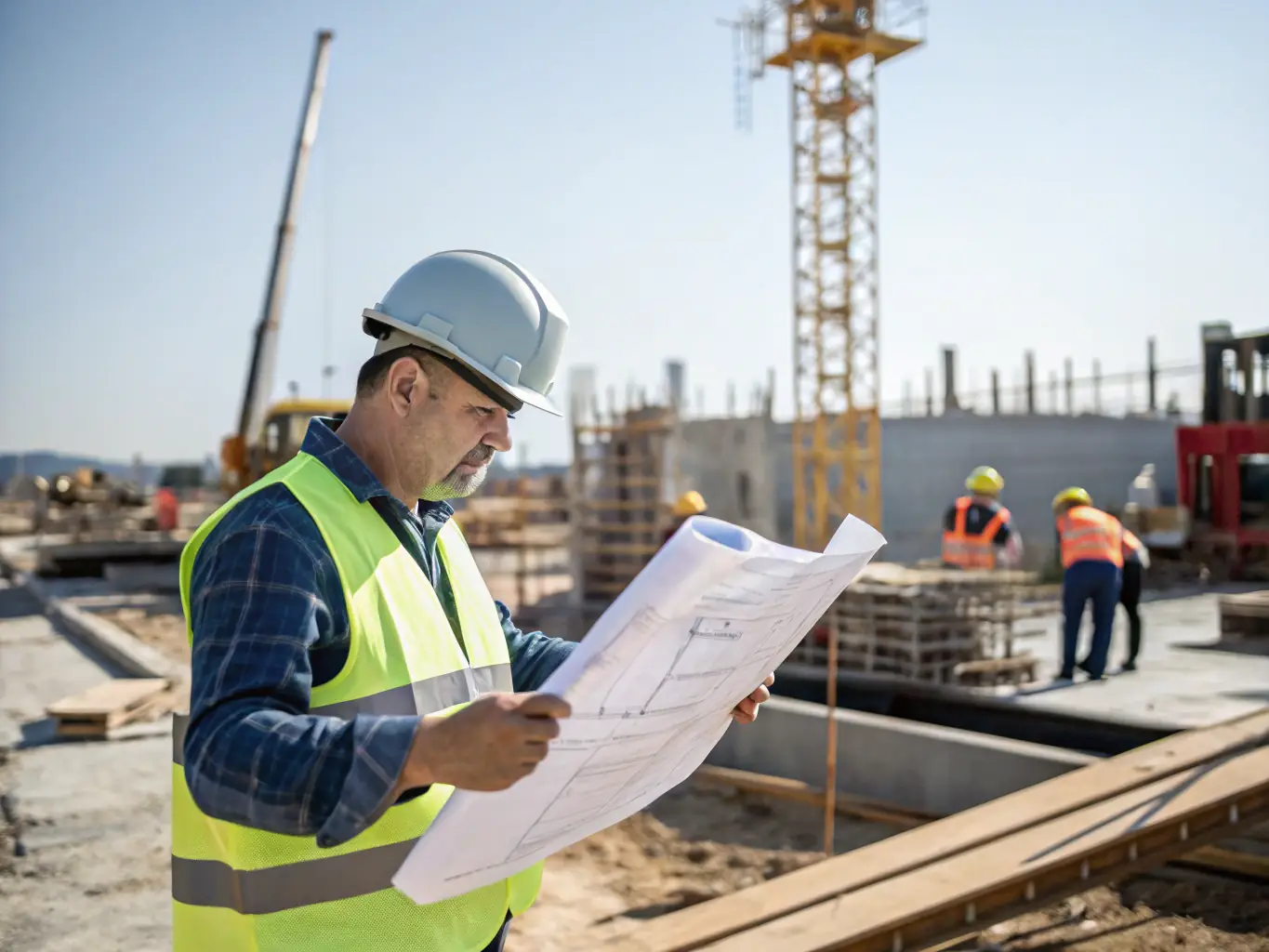 A structural engineer inspecting steel framework on a construction site, wearing a hard hat and safety vest, with blueprints in hand, under a clear blue sky.