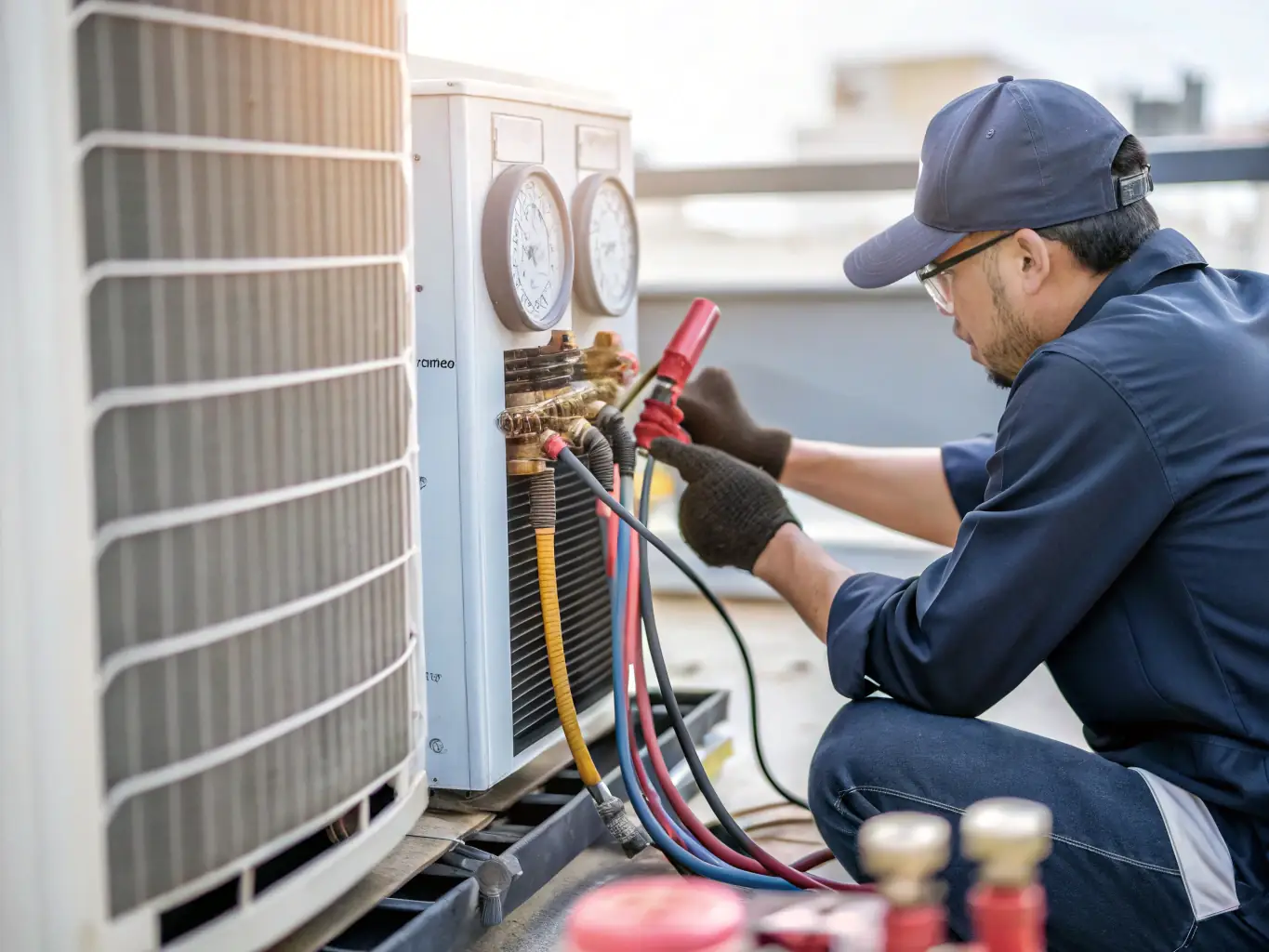 A close-up of a complex mechanical system, such as HVAC or plumbing, in an industrial setting, demonstrating the intricacies of mechanical engineering.